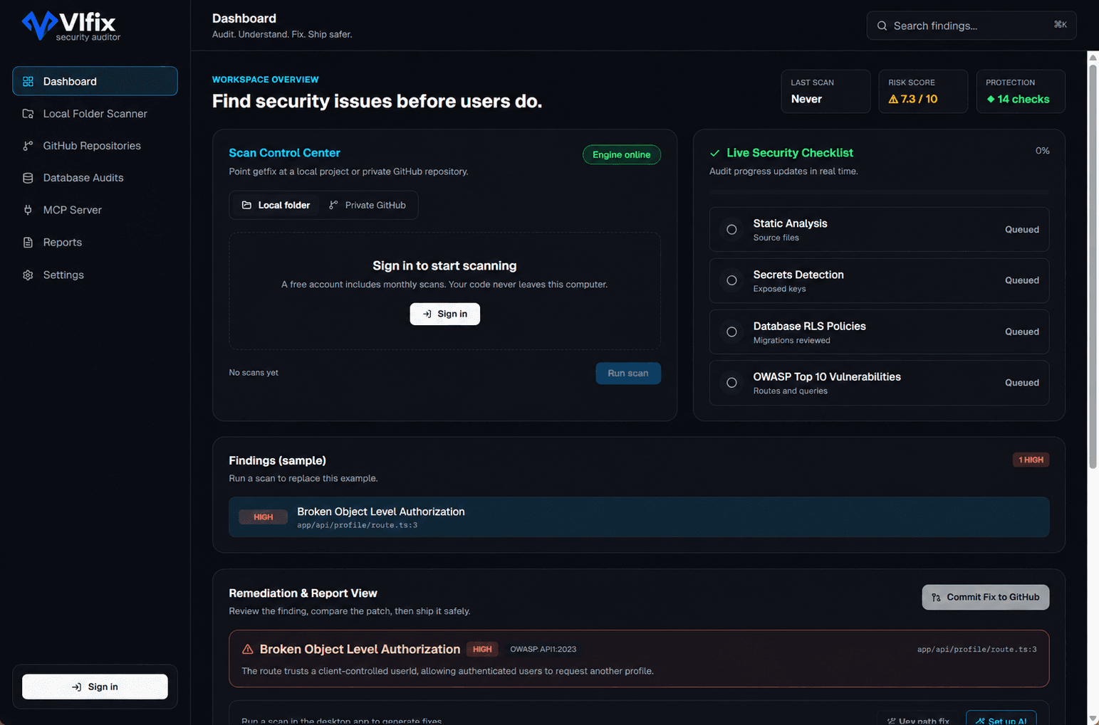 The VIfix desktop app dashboard: scan control center, live security checklist, findings and remediation view